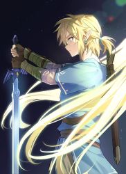 Rule 34 | 1boy, blonde hair, blue eyes, blue tunic, closed mouth, earrings, fingerless gloves, from side, gloves, hair between eyes, highres, holding, holding sword, holding weapon, jewelry, korean commentary, link, male focus, master sword, nintendo, nnnnnnnn 223, pointy ears, ponytail, profile, sheath, sheathed, solo, sword, the legend of zelda, the legend of zelda: breath of the wild, tunic, upper body, weapon, weapon on back