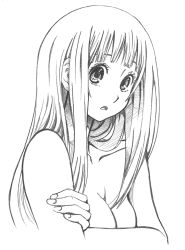 Rule 34 | 10s, 1girl, bare shoulders, bbb (friskuser), breasts, chitanda eru, cleavage, greyscale, highres, hyouka, lineart, long hair, md5 mismatch, medium breasts, monochrome, simple background, white background