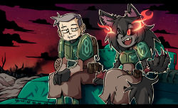 Rule 34 | 1boy, 1girl, animal ears, animal hands, astra militarum, black fur, black sclera, black skin, body armor, colored sclera, colored skin, commentary, commission, crossover, dog ears, dog paws, dog tail, english commentary, flaming eyes, hellhound (monster girl encyclopedia), highres, monster girl, monster girl encyclopedia, name connection, one eye closed, outdoors, pixiv commission, scar, scar across eye, scar on face, setz, sitting, smoke, tail, warhammer 40k