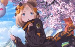 Rule 34 | 1girl, abigail williams (fate), abigail williams (traveling outfit) (fate), aora, balloon, bandaid, bandaid on face, bandaid on forehead, belt, black bow, black jacket, blonde hair, blue eyes, blue sky, blush, bow, breasts, cherry blossoms, crossed bandaids, day, fate/grand order, fate (series), forehead, hair bow, hair bun, heroic spirit traveling outfit, high collar, holding, holding balloon, jacket, long hair, long sleeves, looking at viewer, multiple bows, official alternate costume, open mouth, orange belt, orange bow, parted bangs, polka dot, polka dot bow, single hair bun, sky, sleeves past wrists, small breasts, solo, tentacles, tree