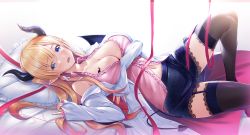 Rule 34 | 1girl, bat tattoo, blonde hair, blouse, blue eyes, blue skirt, blush, breast tattoo, breasts, cleavage, commentary request, demon horns, demon tail, frilled pillow, frills, garter straps, highres, hololive, horns, kamishiro mai (capti-no), knee up, lab coat, lace, lace-trimmed legwear, lace-trimmed skirt, lace trim, large breasts, long hair, long sleeves, looking at viewer, lying, midriff, navel, on back, on bed, open mouth, pillow, pink shirt, shirt, skirt, sleeves past wrists, solo, string, string of fate, tail, tattoo, thighhighs, virtual youtuber, yuzuki choco, yuzuki choco (1st costume)