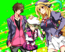 Rule 34 | 1boy, 2girls, ;d, ahoge, alternate costume, alternate hairstyle, alvin (tales), beret, blonde hair, bow, brown eyes, brown hair, contemporary, creature, elize lutus, green background, green eyes, green hair, hand on another&#039;s head, hat, jacket, jewelry, kmikan, long hair, milla maxwell, multicolored hair, multiple girls, necklace, official alternate costume, one eye closed, open mouth, pants, pantyhose, plaid, plaid skirt, red eyes, ribbon, short hair, short twintails, skirt, smile, star (symbol), starry background, tales of (series), tales of xillia, teepo (tales), twintails, two-tone hair, white legwear, wink