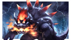 Rule 34 | absurdres, armlet, blank eyes, border, bowser, bracelet, breath weapon, breathing fire, cloud, cloudy sky, cowboy shot, fangs, fire, fury bowser, highres, horns, jewelry, lightning, mario (series), monster, nintendo, no humans, open mouth, outdoors, outside border, rain, red hair, shiburingaru, short hair, sky, solo, spiked armlet, spiked bracelet, spiked shell, spikes, standing, storm, super mario 3d world, thick eyebrows, v-shaped eyebrows, white border, yellow eyes