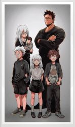 Rule 34 | 2girls, 4boys, aged down, alternate universe, baby, blue eyes, blurry, boku no hero academia, carrying, child, child carry, crossed arms, endeavor (boku no hero academia), facial hair, family, hand in pocket, heterochromia, highres, holding another&#039;s arm, long hair, looking at viewer, looking away, medium hair, multicolored hair, multiple boys, multiple girls, pepepecoooooo, photo (object), red eyes, red hair, short hair, siblings, spiked hair, standing, stubble, todoroki fuyumi, todoroki natsuo, todoroki rei, todoroki shouto, todoroki touya, two-tone hair, vignetting, white hair