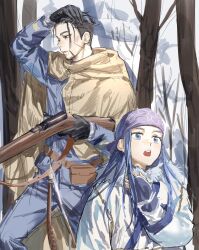 Rule 34 | 1boy, 1girl, absurdres, asirpa, beard, belt pouch, black gloves, black hair, blue eyes, blue hair, blue jacket, blue pants, cape, chamuring, child, coat, commentary request, facial hair, gloves, golden kamuy, hair slicked back, hairband, hand in own hair, highres, holding, holding weapon, hood, hooded cape, jacket, korean commentary, long hair, loose hair strand, military uniform, ogata hyakunosuke, pants, pouch, snow, tree, undercut, uniform, weapon