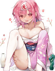 Rule 34 | 1girl, bare shoulders, blush, breasts, cherry blossoms, collarbone, commentary request, dragon ornament, efe, floral print, floral print kimono, hair between eyes, hand on own thigh, highres, huge breasts, japanese clothes, kimono, looking to the side, medium hair, mole, mole on breast, mole on thigh, no panties, no shoes, obi, obiage, obijime, open mouth, pink eyes, pink hair, pink kimono, presenting, print kimono, purple sash, raised eyebrows, saigyouji yuyuko, sash, sitting, smile, solo, squeans, thighhighs, thighs, tokkuri, touhou, triangular headpiece, vase, white background, white thighhighs