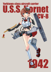Rule 34 | 1girl, aircraft, airplane, amine, black gloves, blue eyes, blush, bow, bowtie, breasts, character name, elbow gloves, english text, freckles, gloves, grey background, hat, highres, large breasts, looking at viewer, machinery, midriff, open mouth, original, panties, pink panties, red footwear, red hair, shoes, short hair, skirt, sleeveless, solo, striped clothes, striped thighhighs, tears, thighhighs, torn clothes, underwear, united states navy, uss hornet (cv-8), vertical-striped clothes, vertical-striped thighhighs, vest, wavy hair, yoshimizu amine, yumi amin