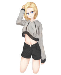Rule 34 | 1girl, absurdres, android 18, angdo (kakajo26), black shorts, blonde hair, blue eyes, commentary request, cropped hoodie, dragon ball, dragonball z, frown, grey hoodie, hand in own hair, highres, hood, hoodie, long sleeves, looking at viewer, navel, parted bangs, short shorts, shorts, simple background, sleeves past wrists, solo, white background