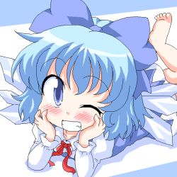 Rule 34 | 1girl, barefoot, blue eyes, blue hair, blush, bow, cirno, fang, female focus, geetsu, grin, hair bow, lying, matching hair/eyes, oekaki, on stomach, one eye closed, smile, solo, embodiment of scarlet devil, touhou, wink