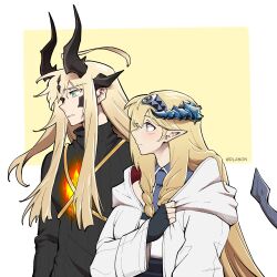 Rule 34 | 2girls, arknights, black sweater, blue eyes, blue necktie, blush, borrowed clothes, braid, commentary, dlanon, dragon girl, dragon horns, dragon tail, english commentary, green eyes, height difference, horns, jacket, long hair, looking at another, multiple girls, necktie, pointy ears, reed (arknights), ribbed sweater, saileach (arknights), sidelocks, sweater, tail, twitter username, two-tone background, upper body, very long hair, white background, white jacket, yellow background