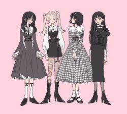 Rule 34 | 4girls, black footwear, black hair, blonde hair, bobby socks, breasts, cleavage, closed eyes, collared shirt, dress, earrings, eyeshadow, female focus, fishnets, garter straps, gingham, goth fashion, gothic, gothic lolita, hands together, headband, highres, jewelry, lolita fashion, long hair, looking at viewer, makeup, multiple girls, original, pink background, rikuwo, shirt, simple background, socks, twintails