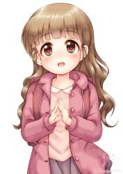 Rule 34 | 1girl, :d, backpack, bag, blush, brown eyes, brown hair, brown shirt, collared shirt, commentary request, extra, grey skirt, highres, idolmaster, idolmaster cinderella girls, jacket, long hair, open clothes, open jacket, open mouth, pink jacket, pleated skirt, randoseru, regular mow, shirt, signature, simple background, skirt, smile, solo, steepled fingers, twitter username, very long hair, wavy hair, white background