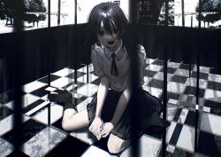 Rule 34 | 1girl, :d, black eyes, black hair, black skirt, blurry, blurry foreground, checkered floor, cross, female focus, hair between eyes, highres, looking at viewer, mrt mr, open mouth, original, own hands together, pale skin, pleated skirt, reflective floor, shirt, sitting, skirt, smile, socks, solo, wariza, white shirt