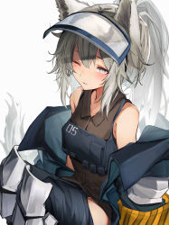 Rule 34 | 1girl, absurdres, animal ears, arknights, armband, armor, blue pants, collared shirt, cowboy shot, grani (arknights), greaves, grey hair, highres, hip vent, holding, holding weapon, horse ears, jacket, long hair, looking at viewer, off-shoulder shirt, off shoulder, one eye closed, pants, police, police uniform, ponytail, purple eyes, shirt, simple background, sitting, sleeveless, sleeveless shirt, solo, tab head, undressing, uniform, visor cap, weapon, white background
