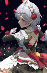 Rule 34 | 1girl, absurdres, aquilar, armor, armored dress, black background, blush, braid, chain, commentary, dress, flower, frills, gauntlets, genshin impact, green eyes, grey hair, highres, looking at viewer, maid, maid headdress, noelle (genshin impact), petals, red flower, red ribbon, red rose, ribbon, rose, rose petals, short hair, shoulder armor, signature, solo, vision (genshin impact)