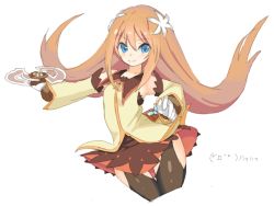 Rule 34 | black legwear, blue eyes, blush, brown hair, detached sleeves, flower, gloves, hair flower, hair ornament, marta lualdi, simple background, skirt, solo, tagme, tales of (series), tales of symphonia, tales of symphonia: dawn of the new world, weapon