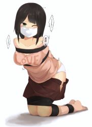 Rule 34 | 1girl, arms behind back, bdsm, black hair, blush, bondage, bound, bound ankles, bound arms, bound legs, breasts, cleavage, cloth gag, gag, gagged, green eyes, highres, hoojiro (found1093), improvised gag, kneeling, looking at viewer, medium breasts, medium hair, mouth stuffed, one eye closed, original, over the nose gag, panties, simple background, skirt, skirt down, skirt undone, socks, solo, tape, tape bondage, tape gag, underwear, white background, white panties