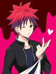 1boy ;o absurdres black_jacket black_shirt brown_background collarbone hand_up heart highres jacket long_sleeves one_eye_closed open_clothes open_jacket orange_eyes pink_background red_hair shirt shokugeki_no_souma short_hair solo spiked_hair toy-black yukihira_souma