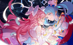 Rule 34 | 2girls, :d, blue eyes, blue hair, blush, bow, bracelet, braid, cure prism, cure sky, earrings, elbow gloves, eye contact, face-to-face, floating hair, from side, gloves, green eyes, grin, hair between eyes, hair bow, hirogaru sky! precure, holding hands, hoshi (xingspresent), jewelry, long bangs, long hair, looking at another, multiple girls, open mouth, pink bow, pink hair, precure, shirt, sidelocks, sleeveless, sleeveless shirt, smile, space, star (sky), straight hair, teeth, twintails, upper body, upper teeth only, white gloves, white shirt