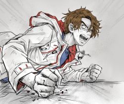 Rule 34 | 1boy, angry, bad id, bad pixiv id, brown hair, clenched hands, crosshatching, hatching (texture), hood, hoodie, jewelry, kamen rider, kamen rider drive (series), male focus, mitsuru (91000), necklace, open mouth, shijima gou, solo