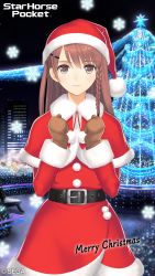 Rule 34 | 1girl, absurdres, belt, black belt, braid, brown eyes, brown gloves, brown hair, building, capelet, christmas tree, commentary request, copyright name, fur trim, gloves, hair ornament, hairclip, hat, highres, hiyoshi haruka, logo, long sleeves, looking at viewer, merry christmas, night, night sky, official art, outdoors, pom pom (clothes), santa costume, santa hat, sky, smile, snowflakes, solo, starhorse pocket, tony taka