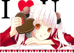 Rule 34 | 1girl, :q, chocolate, face, heart, nail polish, pink nails, solo, tongue, tongue out, tsunako, twintails, valentine, white hair