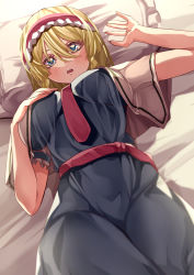 Rule 34 | 1girl, :o, absurdres, alice margatroid, ascot, bed, blonde hair, blue dress, blue eyes, breasts, capelet, dress, fingernails, hairband, highres, large breasts, light blush, lolita hairband, lying, mahoro (minase mahoro), open mouth, pillow, puffy short sleeves, puffy sleeves, red ascot, red hairband, short hair, short sleeves, simple background, solo, touhou, white background