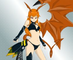 Rule 34 | 1girl, asymmetrical clothes, bare shoulders, bikini, breasts, demon girl, elbow gloves, female focus, gloves, gradient background, highres, horns, long hair, lord of vermilion, navel, orange hair, panties, pointy ears, red eyes, single thighhigh, smile, solo, succubus (lord of vermilion), swimsuit, tail, thighhighs, thong, underwear, white background, wings