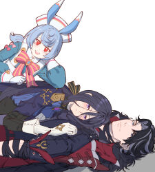 Rule 34 | 1boy, 2girls, absurdres, animal ears, bandaged arm, bandaged neck, bandages, black hair, blue eyes, blue hair, bow, bowtie, clorinde (genshin impact), closed mouth, coat, coat on shoulders, earrings, elbow rest, from side, genshin impact, gloves, grey hair, hair between eyes, hand on own cheek, hand on own face, hat, head rest, height difference, highres, jewelry, light smile, lips, long hair, long sleeves, lying, lying on person, multicolored hair, multiple girls, nurse cap, on back, on stomach, open mouth, purple eyes, rchella, red hair, short hair, sigewinne (genshin impact), simple background, smile, two-tone hair, upper body, white background, wriothesley (genshin impact)