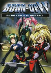 Rule 34 | 1990s (style), 3girls, blonde hair, blue eyes, bodysuit, breasts, burn-up, burn-up w, car, city, cleavage cutout, clothing cutout, cover, dvd cover, earrings, gloves, green hair, gun, hairband, handgun, headband, highres, jewelry, jinguu maya, kinezono rio, large breasts, lilica evett, long hair, looking at viewer, motor vehicle, multiple girls, night, open mouth, outdoors, ponytail, red eyes, retro artstyle, rifle, smile, twintails, vehicle, weapon, yamashita toshinari