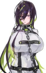 Rule 34 | 1girl, :/, ababababa abya, arms behind back, blush, bodysuit, bound, breasts, brown hair, chain, chain leash, colored inner hair, goddess of victory: nikke, green hair, guilty (nikke), hair behind ear, hair between eyes, highres, huge breasts, leash, long hair, looking at viewer, multicolored hair, parted lips, pink eyes, restrained, simple background, skin tight, solo, straitjacket, sweatdrop, two-tone hair, white background, white bodysuit
