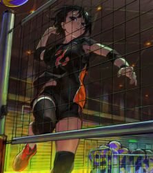 Rule 34 | 1girl, absurdres, arm up, ball, black footwear, black hair, black shirt, black shorts, breasts, commentary request, elbow pads, highres, indoors, jumping, knee pads, original, playing sports, red eyes, shirt, shoes, short hair, short shorts, short sleeves, shorts, small breasts, socks, solo, sportswear, tentsuu (tentwo), volleyball, volleyball (object), volleyball net, volleyball uniform, white socks