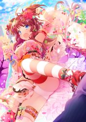 Rule 34 | &gt;:o, 1girl, :o, animal print, armpits, bear panties, bear print, blue eyes, bow, bracelet, brown hair, bullet, byulzzi, cherry, cherry blossoms, cherry print, city, colorful, crepe, detached sleeves, earrings, fang, flower, food, food-themed earrings, food print, frilled kimono, frilled skirt, frills, fruit, hair flower, hair ornament, hairclip, heart, heart hair ornament, ice cream, japanese clothes, jewelry, kimono, long hair, open mouth, original, outdoors, panties, print kimono, print panties, ribbon, short twintails, skirt, sky, solo, star (symbol), star hair ornament, striped clothes, striped thighhighs, thigh strap, thighhighs, twintails, two side up, underwear, upskirt, v-shaped eyebrows, wide sleeves