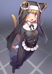 Rule 34 | 1girl, animal ears, blonde hair, blue eyes, blush, cat ears, cat tail, female focus, habit, highres, jewelry, mitake eil, necklace, nun, open mouth, original, solo, tail, venus symbol