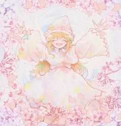 Rule 34 | 1girl, ^ ^, arms up, blonde hair, blurry, blush, branch, capelet, cherry blossoms, closed eyes, collared capelet, depth of field, dot nose, facing viewer, falling petals, flower, foreshortening, full body, happy, hat, highres, itomugi-kun, jumping, light particles, lily white, long hair, long sleeves, muted color, open hands, open mouth, patterned, patterned clothing, petals, pink flower, pink theme, reflection, reflective water, ripples, shiny skin, shoe soles, smile, solo, spring (season), straight-on, touhou, water, white capelet, white footwear, white hat, white wings, wide sleeves, wing collar, wings