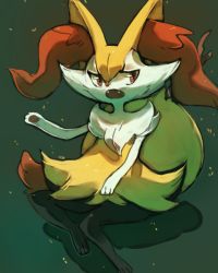Rule 34 | animal ear fluff, braixen, brown eyes, commentary, creature, creatures (company), english commentary, fangs, full body, furry, game freak, gen 6 pokemon, grey background, nintendo, open mouth, pinkgermy, pokemon, pokemon (creature), simple background, solo