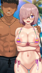 Rule 34 | 1boy, 1girl, :o, arm under breasts, bikini, blush, breasts, collarbone, condom, covered erect nipples, cowboy shot, cum, dark-skinned male, dark skin, day, fate/grand order, fate (series), glasses, gluteal fold, highres, large breasts, male swimwear, mash kyrielight, navel, nt00, outdoors, pink hair, purple eyes, rainbow print, see-through, shiny skin, short hair, smile, stray pubic hair, swimsuit, topless male, used condom