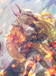 Rule 34 | 1girl, absurdres, bare shoulders, beads, blonde hair, breasts, covered mouth, earrings, facial mark, facial tattoo, fate/grand order, fate (series), fingernails, fire, forehead, forehead mark, from below, glowing, hair pulled back, hair ribbon, highres, horns, ibaraki douji (fate), japanese clothes, jewelry, kimono, leg tattoo, long hair, long sleeves, looking at viewer, oni, oni horns, pointy ears, reluvy, ribbon, sash, sharp fingernails, shoulder tattoo, slit pupils, small breasts, tattoo, thighs, very long fingernails, white ribbon, wide sleeves, yellow eyes, yellow kimono