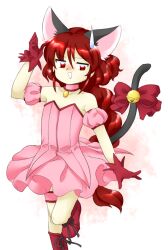 Rule 34 | 1girl, :d, animal ears, bell, black ribbon, black tail, bow, braid, cat ears, cat girl, cat tail, choker, cosplay, detached sleeves, gloves, hair between eyes, hand up, jingle bell, leg up, magical girl, mew ichigo, mew ichigo (cosplay), miniskirt, nonamejd, official style, okazaki yumemi, open mouth, pink choker, pink shirt, pink skirt, pink sleeves, puffy short sleeves, puffy sleeves, red bow, red eyes, red footwear, red gloves, red hair, red trim, ribbon, shirt, short sleeves, single braid, skirt, smile, solo, strapless, strapless shirt, sweatdrop, tail, tail bell, tail bow, tail ornament, tail raised, thigh strap, tokyo mew mew, touhou, touhou (pc-98), zun (style)
