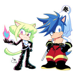 Rule 34 | 2boys, animal ears, animal nose, bae (baebae), black gloves, black jacket, blue eyes, blue fire, blue hair, cat ears, cat tail, crossover, earrings, fire, furry, furry male, fusion, galo thymos, gloves, green hair, half gloves, hedgehog ears, hedgehog tail, jacket, jewelry, lio fotia, male focus, matoi, multiple boys, promare, purple eyes, purple fire, pyrokinesis, sonic (series), spiked hair, tail, topless male