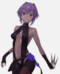 Rule 34 | 1girl, bangosu, bare shoulders, black gloves, black hairband, black leggings, black leotard, breasts, center opening, dark-skinned female, dark skin, fate/grand order, fate (series), fingerless gloves, flower ornament, gloves, grey background, hairband, hassan of serenity (fate), holding, holding knife, holding weapon, knife, kunai, leggings, leotard, looking at viewer, medium breasts, navel, parted lips, purple eyes, purple hair, revealing clothes, short hair, simple background, solo, thigh strap, weapon