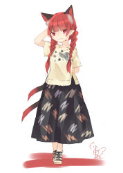 Rule 34 | 1girl, :3, alternate costume, animal ear fluff, animal ears, arm behind back, arm behind head, arm up, black skirt, blunt bangs, blush, braid, casual, cat ears, cat tail, collarbone, commentary request, contemporary, floral print, full body, highres, kaenbyou rin, looking at viewer, multiple tails, nekomata, no nose, pointy ears, shirt, shoes, short sleeves, signature, simple background, skirt, smile, solo, tail, touhou, toutenkou, twin braids, twintails, two tails, white background, yellow shirt