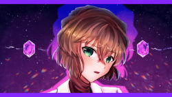 Rule 34 | 1girl, brown hair, gem, green eyes, haibara ai, hair between eyes, lab coat, letterboxed, looking at viewer, meitantei conan, open mouth, portrait, purple background, red sweater, sayo shigure (xytg3242), short hair, solo, sweater, turtleneck, turtleneck sweater