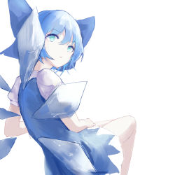 Rule 34 | 1girl, absurdres, blue bow, blue dress, blue eyes, blue hair, bow, cirno, dress, eyebrows, female focus, hia (xonn), highres, ice, ice wings, looking to the side, matching hair/eyes, short hair, short sleeves, simple background, solo, touhou, white background, wings