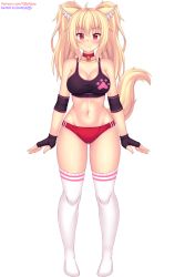 Rule 34 | 1girl, animal ear fluff, animal ears, bare shoulders, black gloves, blonde hair, blush, breasts, buruma, cat ears, cat girl, cat tail, cleavage, closed mouth, collar, collarbone, elbow sleeve, fingerless gloves, full body, gloves, gluteal fold, highres, large breasts, long hair, midriff, navel, neck bell, nottytiffy, original, patreon username, paw print, red buruma, red eyes, red neckwear, sidelocks, simple background, sleeveless, slit pupils, smile, solo, standing, tail, thighhighs, thighs, tiffy (nottytiffy), twintails, twitch username, virtual youtuber, white background, white thighhighs