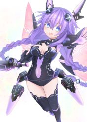 Rule 34 | 1girl, absurdres, blue eyes, blush, braid, breasts, commentary request, d-pad, d-pad hair ornament, gloves, hair between eyes, hair ornament, headgear, highres, holding, holding sword, holding weapon, leotard, light particles, long hair, looking at viewer, mechanical wings, medium breasts, naoya (naoya ee), navel, neptune (series), open mouth, outstretched arm, power symbol, power symbol-shaped pupils, purple hair, purple heart (neptunia), sidelocks, simple background, solo, sword, symbol-shaped pupils, thighhighs, twin braids, v-shaped eyebrows, weapon, white background, wings