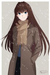 Rule 34 | 1girl, alternate costume, aozaki aoko, blazer, blue eyes, blush, border, brown hair, brown jacket, closed mouth, commentary, grey background, hair between eyes, hair intakes, hand in pocket, highres, jacket, long hair, long sleeves, looking at viewer, mahou tsukai no yoru, outside border, scarf, shintyoi2, simple background, smile, snow, snowing, solo, white border, winter clothes, yellow scarf