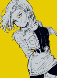 Rule 34 | 1girl, android 18, belt, dragon ball, dragonball z, earrings, highres, jewelry, kometubu0712, monochrome, official style, short hair, skirt, solo, striped sleeves, yellow background, yellow eyes