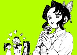 Rule 34 | 1boy, 3girls, absurdres, age difference, bahyon 6969, black hair, blush, breasts, bug, butterfly, butterfly hair ornament, closed mouth, collared shirt, confused, contemporary, douma (kimetsu no yaiba), forehead, hair ornament, hairpin, happy, heart, height difference, highres, insect, jacket, kimetsu no yaiba, kochou kanae, kochou shinobu, long hair, long sleeves, microphone, multiple girls, music, necktie, nervous, open mouth, parted bangs, petals, shaded face, shirt, short hair, siblings, side ponytail, singing, sisters, smile, sweater, tsuyuri kanao, turtleneck, turtleneck sweater, vest