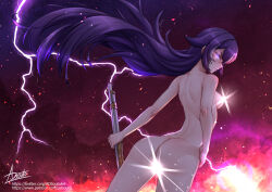 Rule 34 | 1girl, adsouto, antique firearm, ass, breasts, chevreuse (genshin impact), completely nude, firearm, firelock, flintlock, genshin impact, glowing, glowing eyes, gun, hand on own hip, highres, holding, holding gun, holding weapon, light censor, long hair, looking at viewer, looking back, medium breasts, musket, nude, purple eyes, purple hair, signature, solo, standing, very long hair, weapon, wind, wind lift
